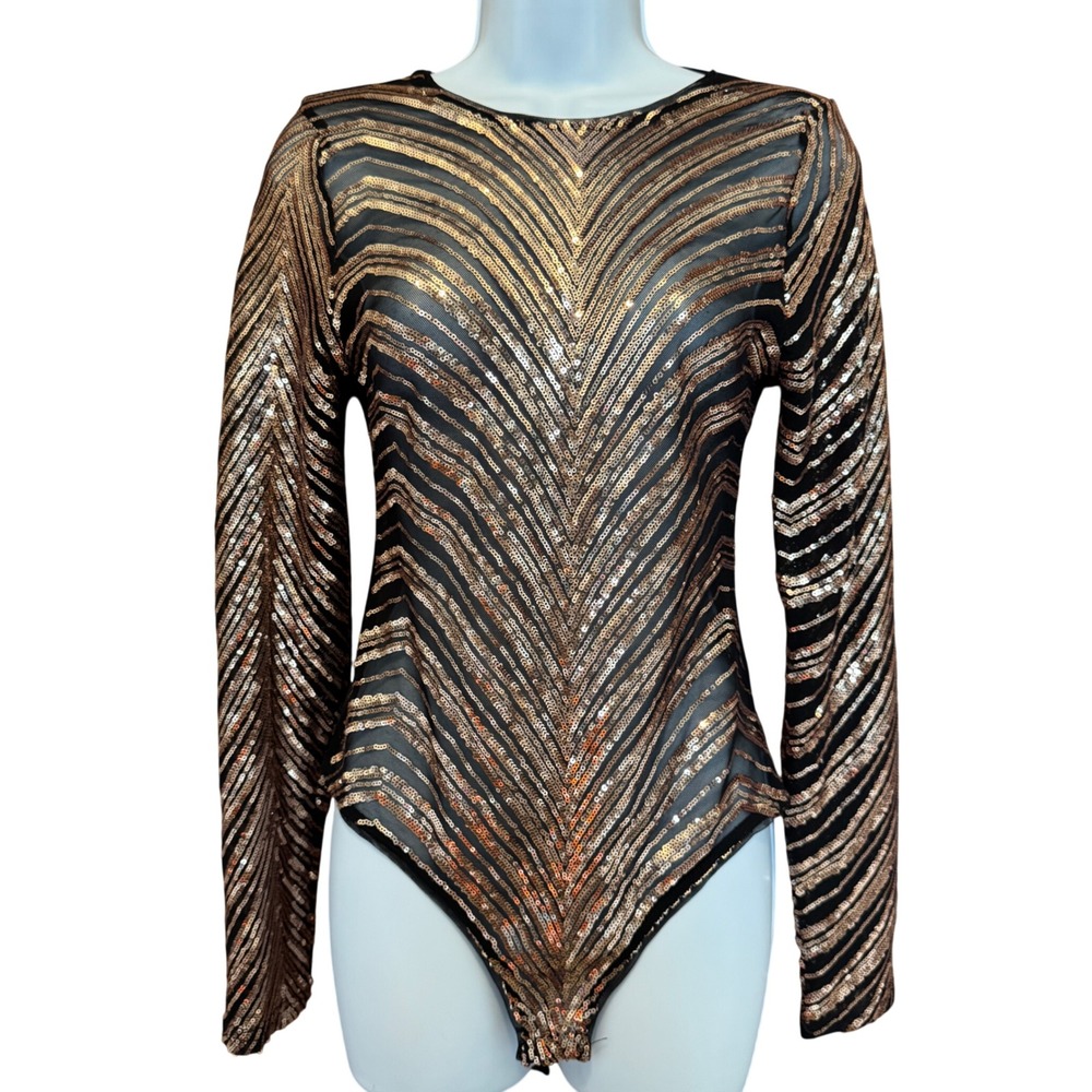 Blashe Sequin Sheer Mesh Bodysuit M Gold Rose Chevron Tiger Festival Glitz Disco